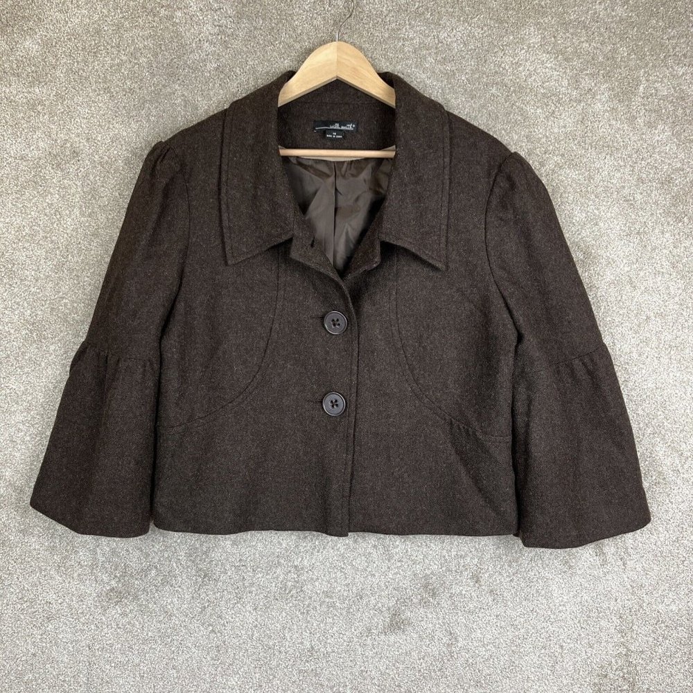 Willi Smith Jacket Womens 14 Brown Wool Blend 3/4 Sleeve Button Lined- 7842